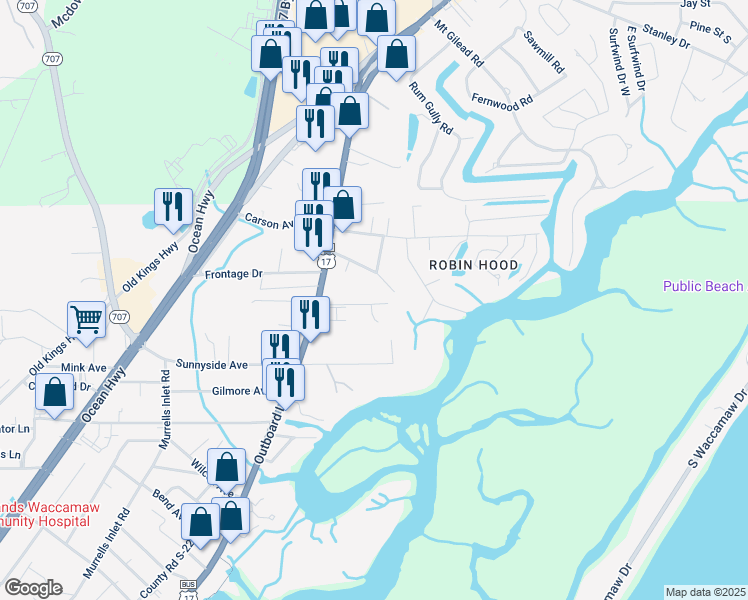 map of restaurants, bars, coffee shops, grocery stores, and more near 3641 Melton Avenue in Murrells Inlet