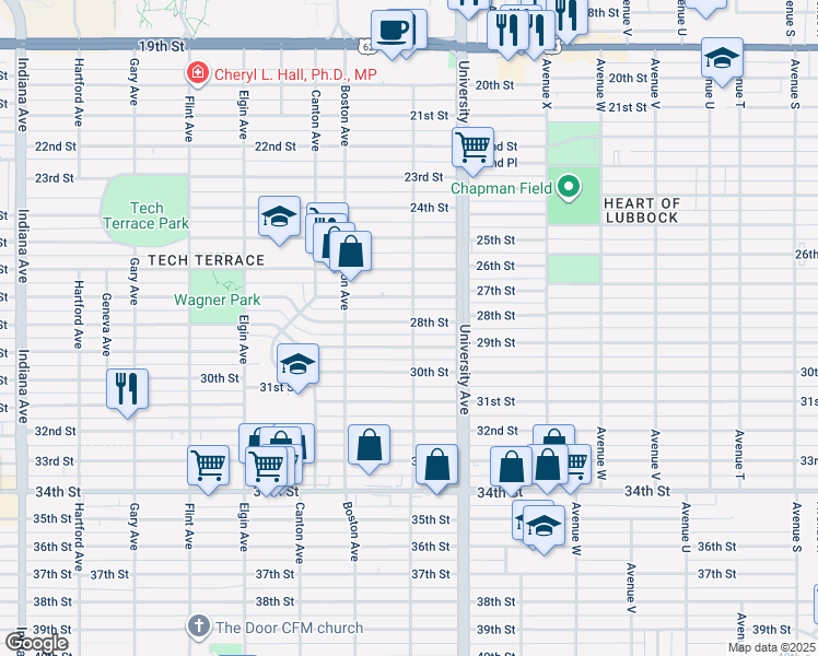 map of restaurants, bars, coffee shops, grocery stores, and more near 2601 28th Street in Lubbock