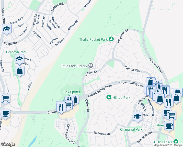 map of restaurants, bars, coffee shops, grocery stores, and more near 42 Dawnwood in Ladera Ranch