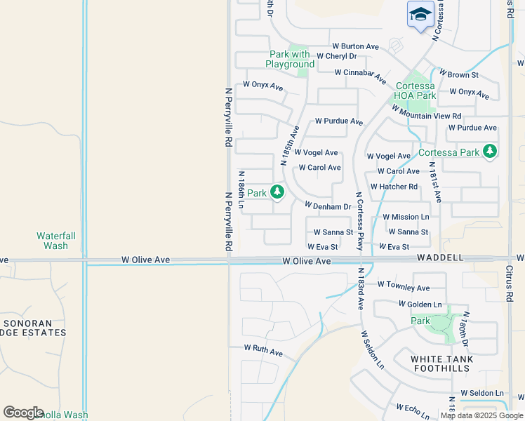 map of restaurants, bars, coffee shops, grocery stores, and more near 18604 West Mission Lane in Waddell