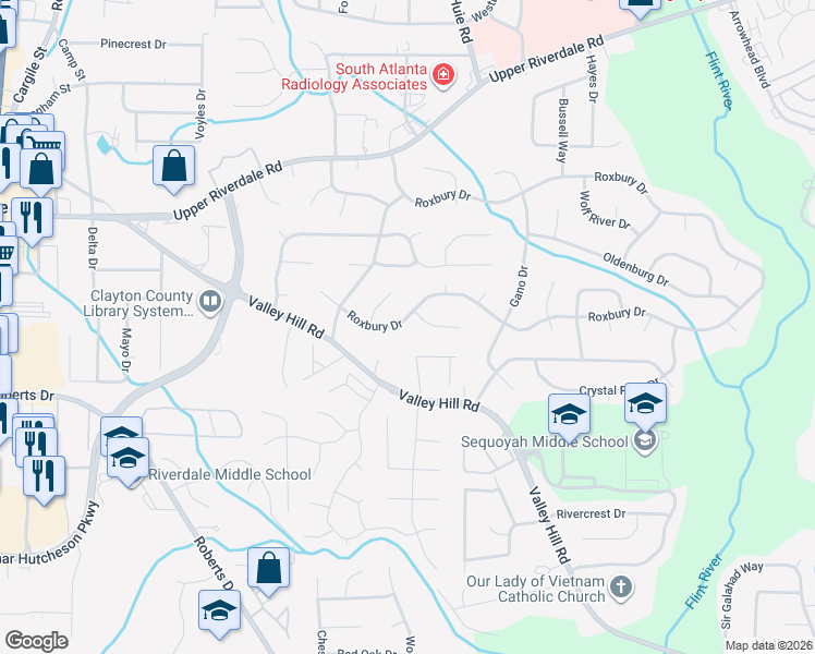 map of restaurants, bars, coffee shops, grocery stores, and more near 626 Roxbury Drive in Riverdale