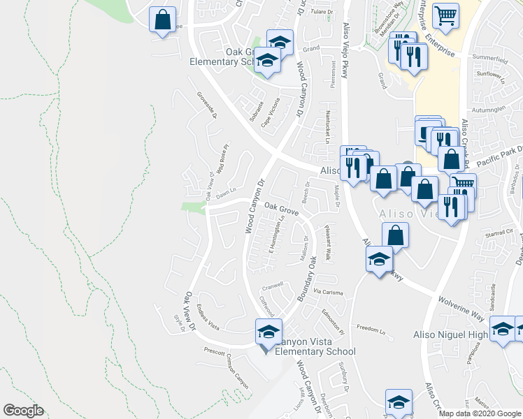 map of restaurants, bars, coffee shops, grocery stores, and more near 26 Country Walk Drive in Aliso Viejo
