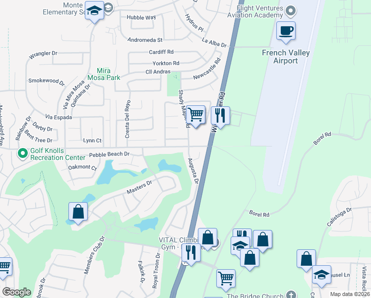 map of restaurants, bars, coffee shops, grocery stores, and more near 38044 Augusta Drive in Murrieta