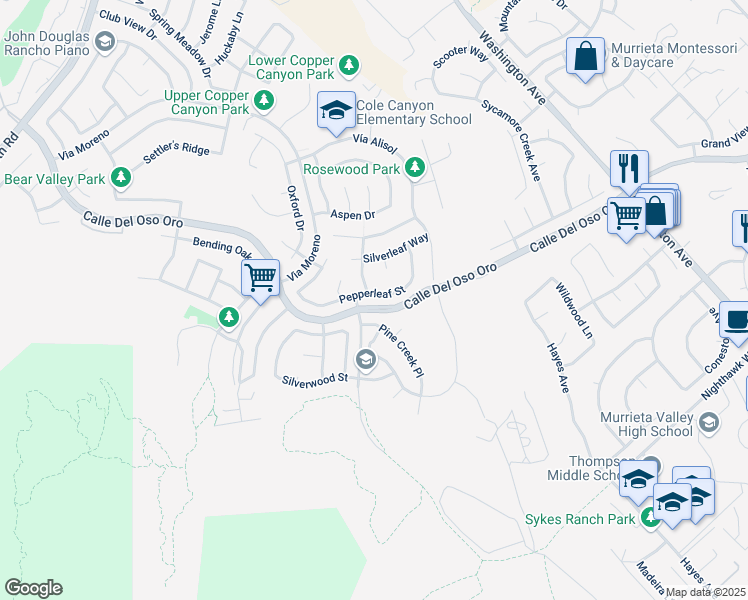 map of restaurants, bars, coffee shops, grocery stores, and more near Calle Del Oso Oro in Murrieta