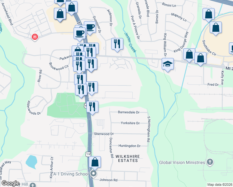 map of restaurants, bars, coffee shops, grocery stores, and more near 703 Georgetown Court in Jonesboro