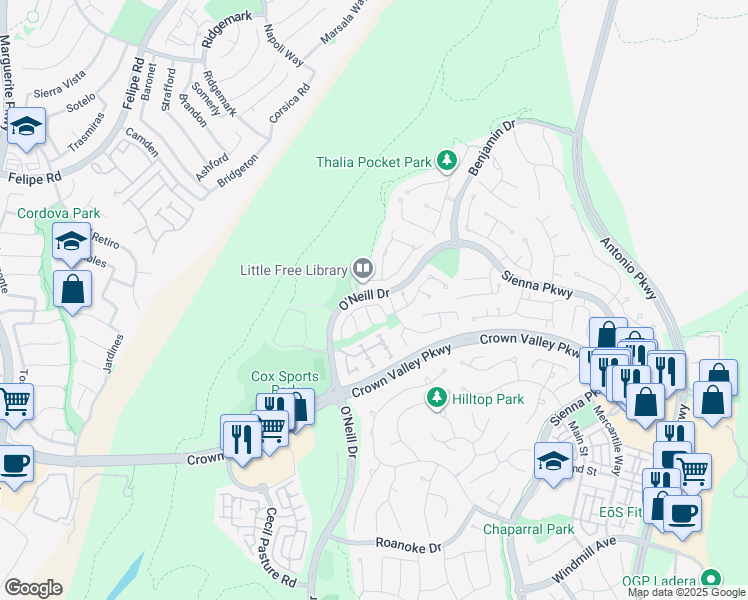 map of restaurants, bars, coffee shops, grocery stores, and more near 35 Dawnwood in Mission Viejo