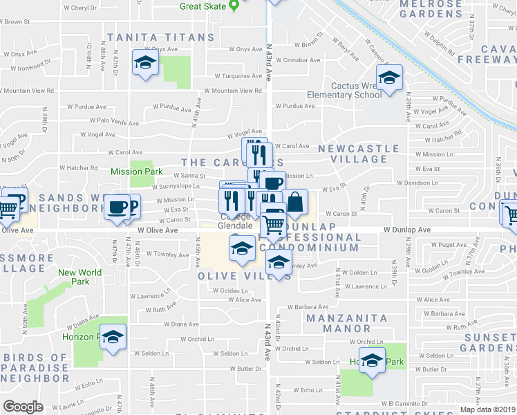 map of restaurants, bars, coffee shops, grocery stores, and more near 4312 West Olive Avenue in Glendale