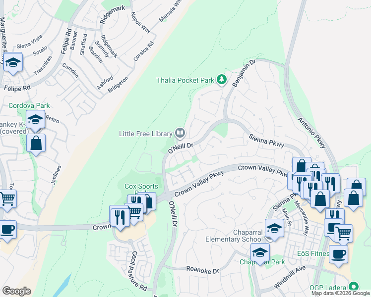 map of restaurants, bars, coffee shops, grocery stores, and more near 35 Dawnwood in Mission Viejo