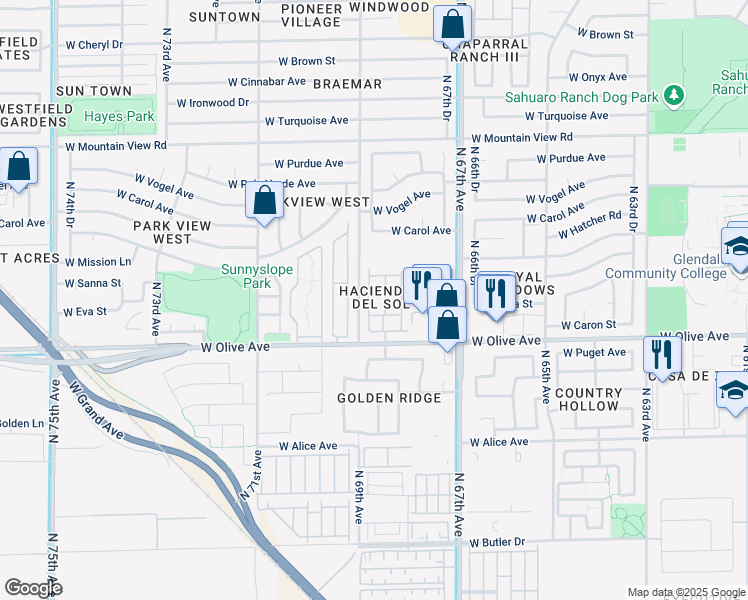 map of restaurants, bars, coffee shops, grocery stores, and more near 9115 North 68th Drive in Peoria