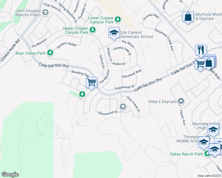map of restaurants, bars, coffee shops, grocery stores, and more near 23738 Pepperleaf Street in Murrieta