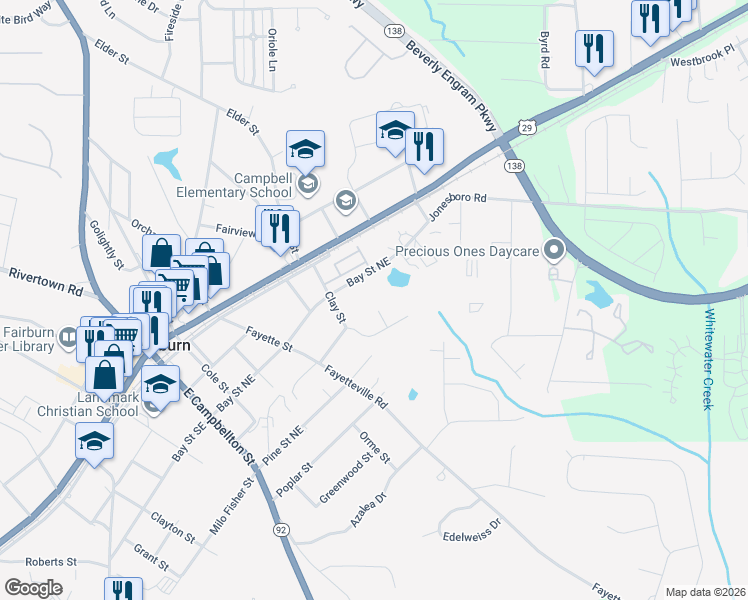 map of restaurants, bars, coffee shops, grocery stores, and more near 106 Spring Court in Fairburn