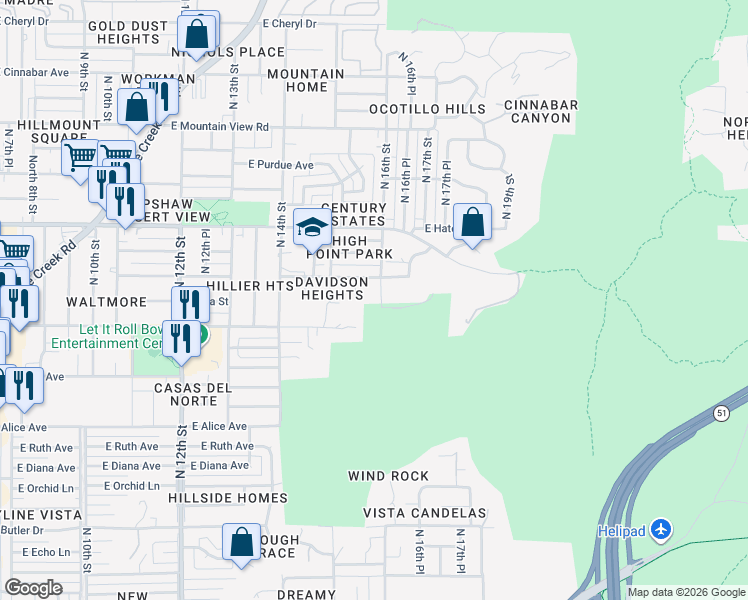 map of restaurants, bars, coffee shops, grocery stores, and more near 9026 North 16th Street in Phoenix