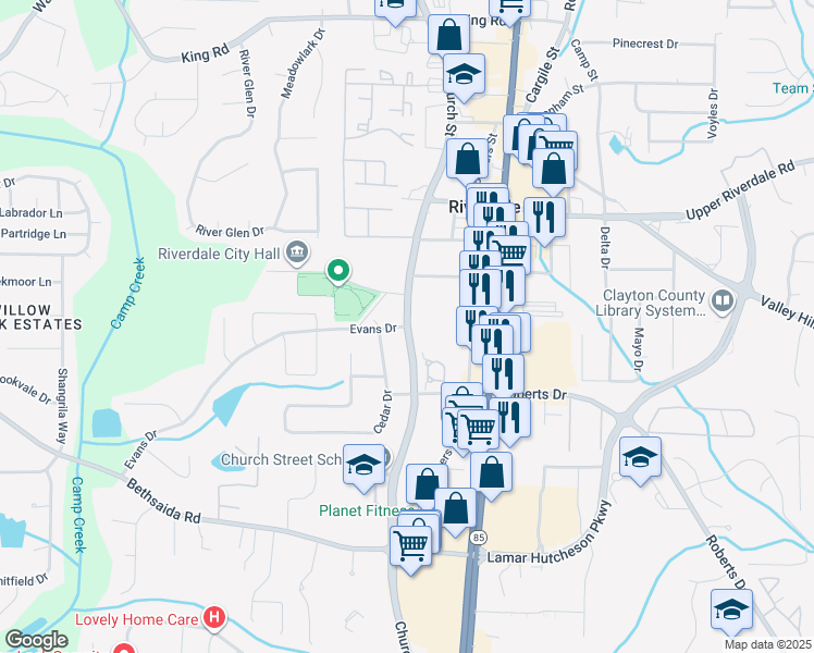 map of restaurants, bars, coffee shops, grocery stores, and more near 6824 Church Street in Riverdale