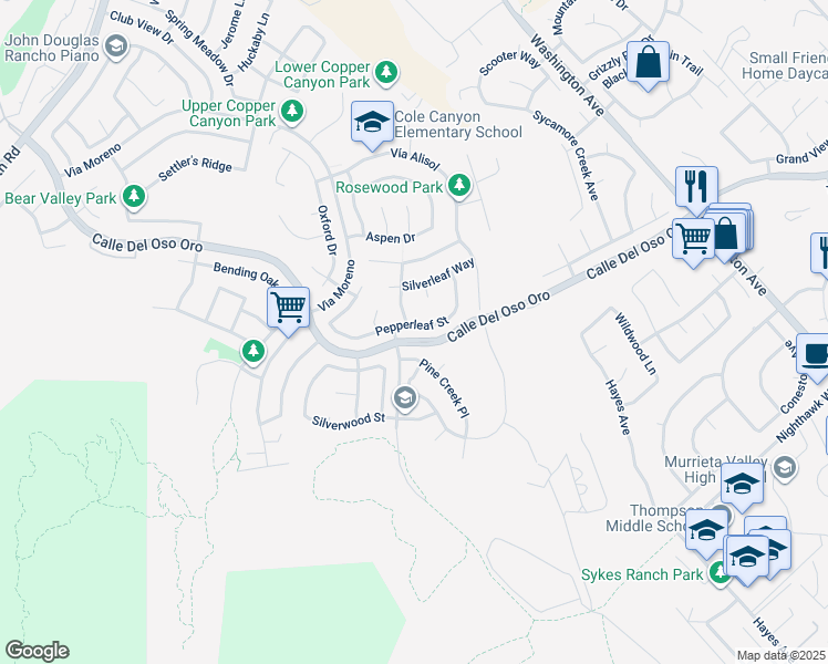 map of restaurants, bars, coffee shops, grocery stores, and more near 23829 Pepperleaf Street in Murrieta