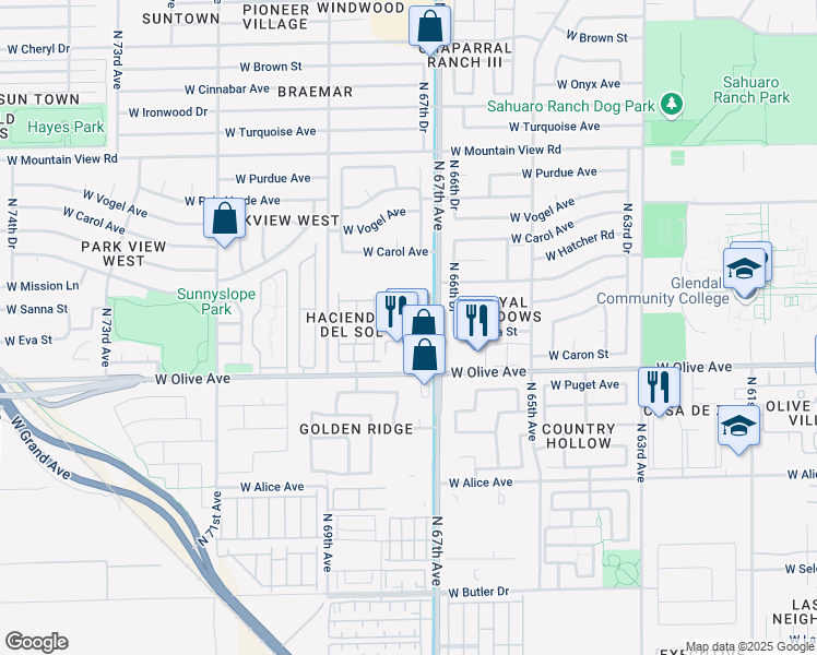 map of restaurants, bars, coffee shops, grocery stores, and more near 6750 West Olive Avenue in Peoria