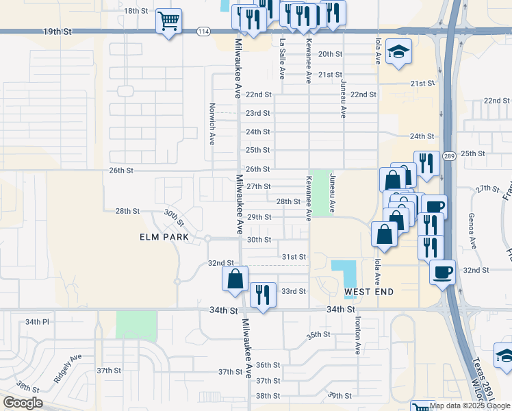 map of restaurants, bars, coffee shops, grocery stores, and more near 6407 28th Street in Lubbock