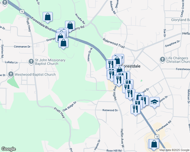 map of restaurants, bars, coffee shops, grocery stores, and more near 1599 Haven Drive North in Birmingham