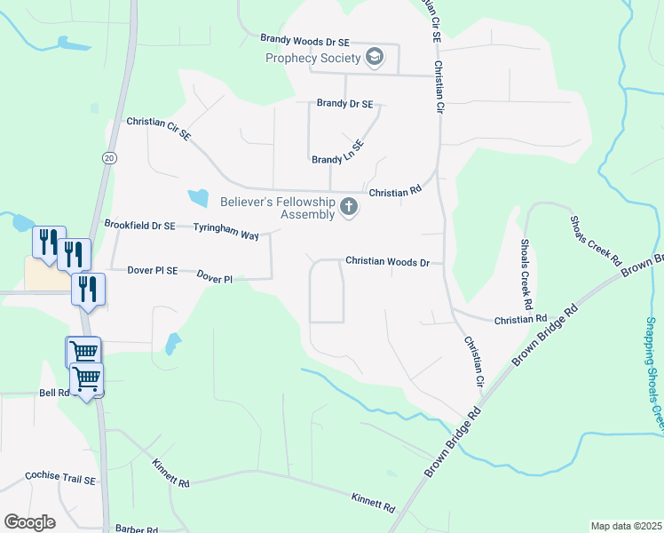 map of restaurants, bars, coffee shops, grocery stores, and more near 125 Christian Woods Drive in Conyers