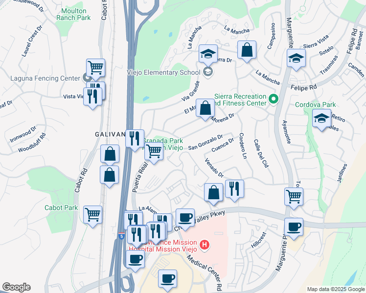 map of restaurants, bars, coffee shops, grocery stores, and more near 26521 San Gonzalo Drive in Mission Viejo