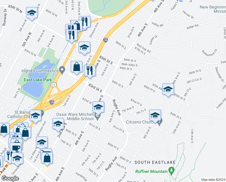 map of restaurants, bars, coffee shops, grocery stores, and more near 8316 5th Avenue South in Birmingham