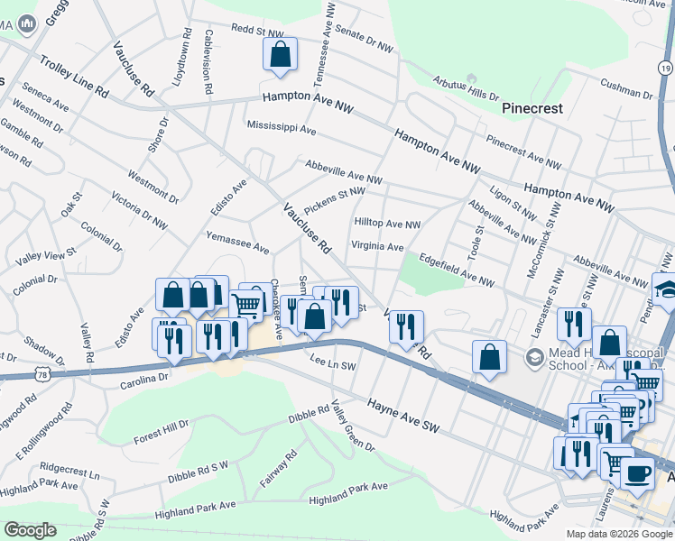 map of restaurants, bars, coffee shops, grocery stores, and more near 3000 Mohawk Drive in Aiken