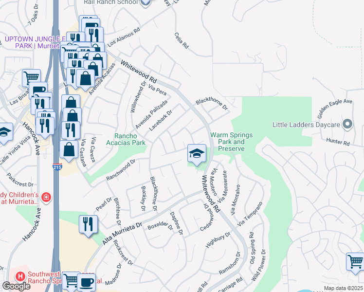 map of restaurants, bars, coffee shops, grocery stores, and more near 39203 Fox Glove Circle in Murrieta