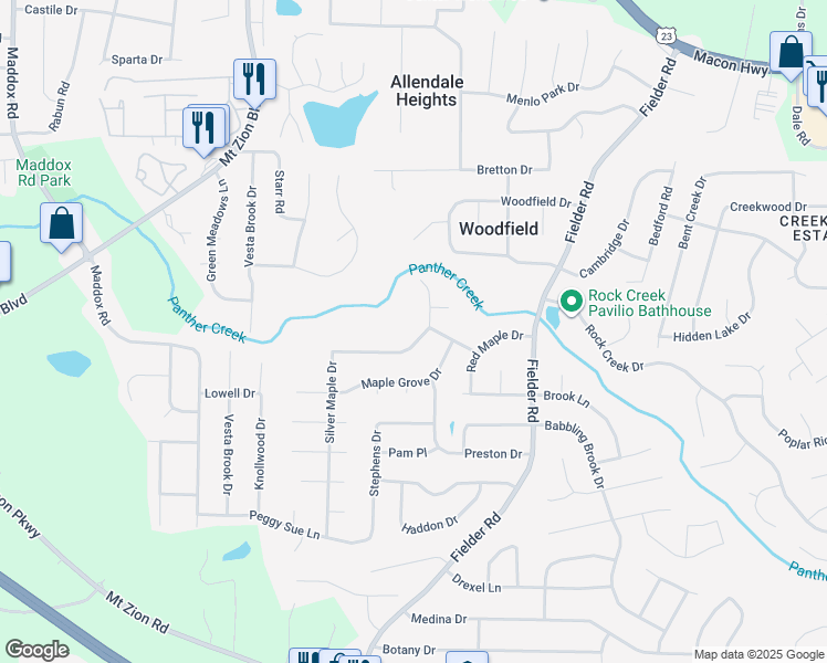 map of restaurants, bars, coffee shops, grocery stores, and more near 6809 Silver Maple Drive in Rex