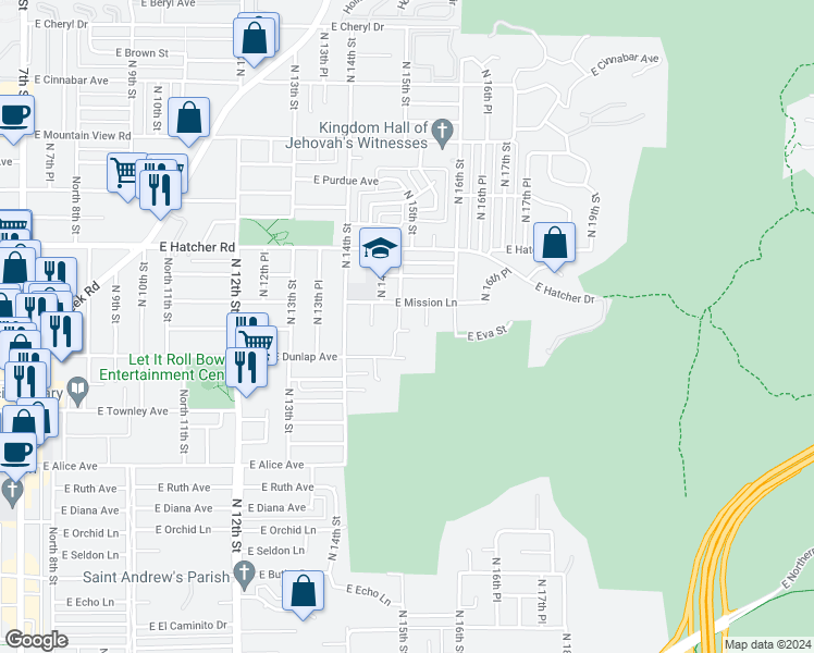 map of restaurants, bars, coffee shops, grocery stores, and more near 9025 North 15th Street in Phoenix