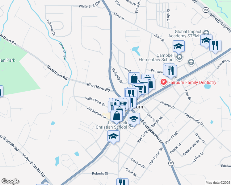 map of restaurants, bars, coffee shops, grocery stores, and more near 80 West Campbellton Street in Fairburn