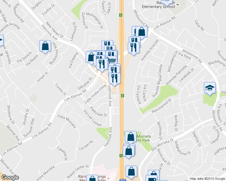 map of restaurants, bars, coffee shops, grocery stores, and more near 25110 Hancock Ave in Murrieta