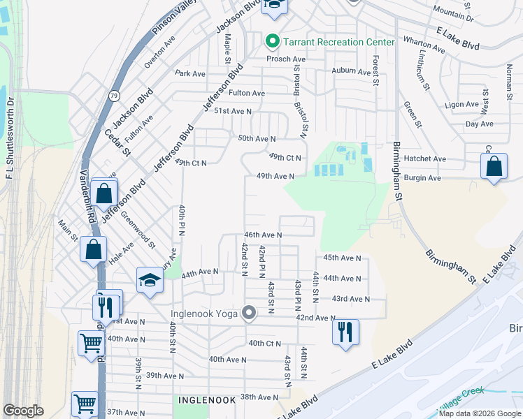 map of restaurants, bars, coffee shops, grocery stores, and more near 4216 47th Avenue North in Birmingham