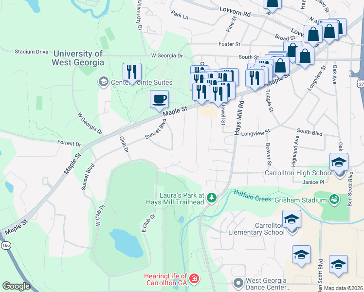 map of restaurants, bars, coffee shops, grocery stores, and more near 151 Howell Road in Carrollton