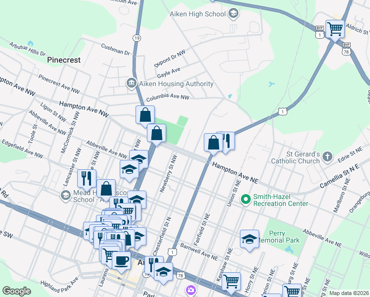 map of restaurants, bars, coffee shops, grocery stores, and more near 112 Hampton Avenue Northwest in Aiken