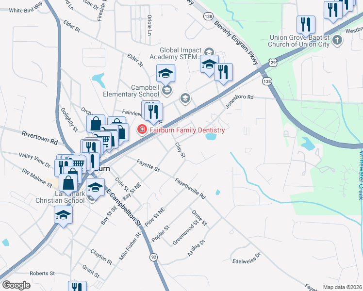 map of restaurants, bars, coffee shops, grocery stores, and more near 74 Clay Street in Fairburn