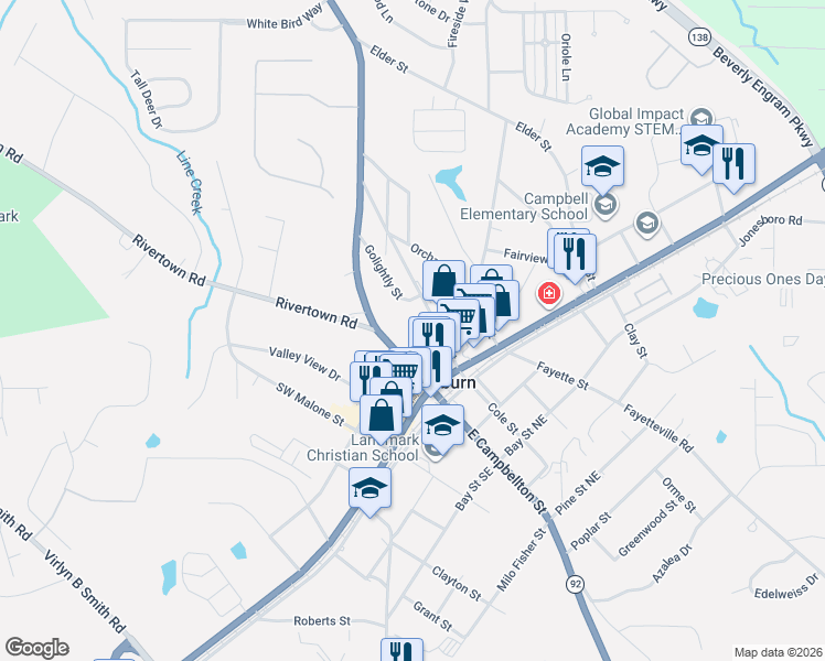 map of restaurants, bars, coffee shops, grocery stores, and more near 62 Mullis Street in Fairburn