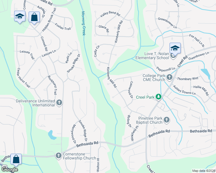 map of restaurants, bars, coffee shops, grocery stores, and more near 3090 Forestside Court in College Park