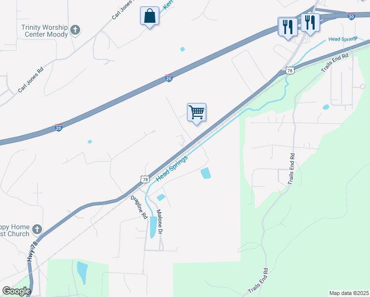 map of restaurants, bars, coffee shops, grocery stores, and more near U.S. Highway 78 in Moody
