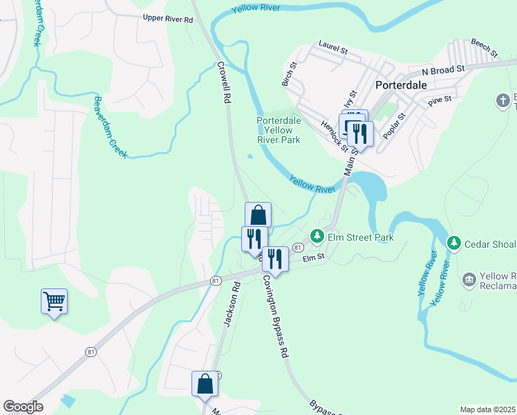map of restaurants, bars, coffee shops, grocery stores, and more near 595 Crowell Road in Porterdale