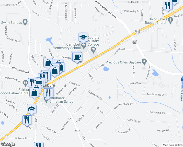 map of restaurants, bars, coffee shops, grocery stores, and more near 68 Clay Street in Fairburn