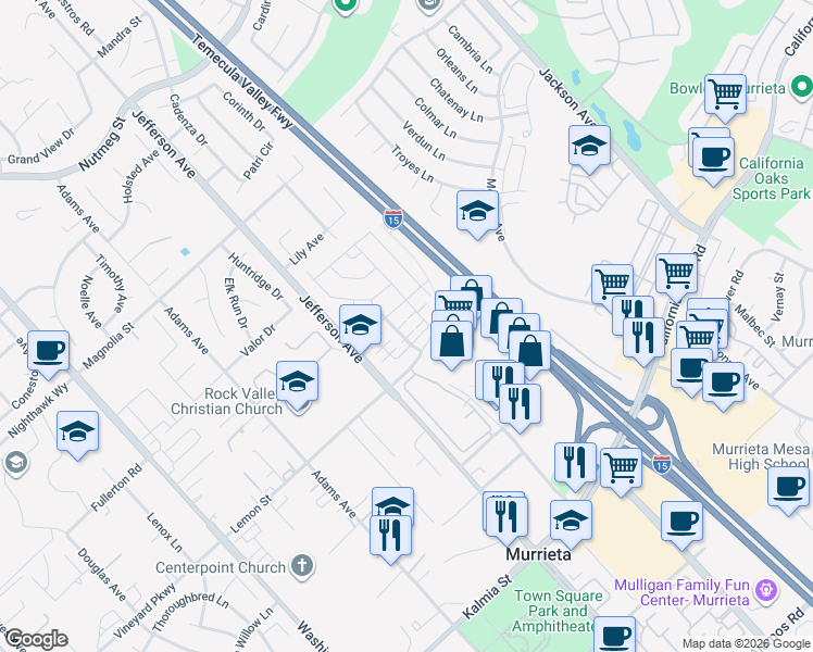 map of restaurants, bars, coffee shops, grocery stores, and more near 24246 Hazelnut Avenue in Murrieta
