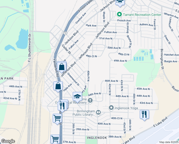 map of restaurants, bars, coffee shops, grocery stores, and more near 4549 40th Place North in Birmingham