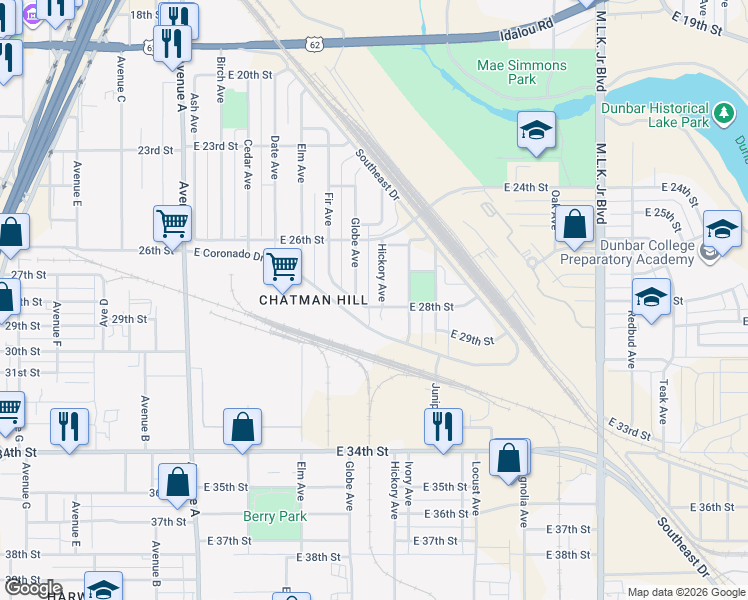 map of restaurants, bars, coffee shops, grocery stores, and more near 800-898 E 28th St in Lubbock