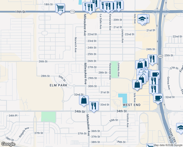 map of restaurants, bars, coffee shops, grocery stores, and more near 6342 29th Street in Lubbock