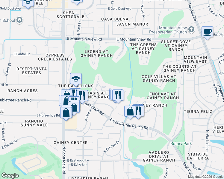 map of restaurants, bars, coffee shops, grocery stores, and more near 5244 East Gainey Ranch Road in Paradise Valley