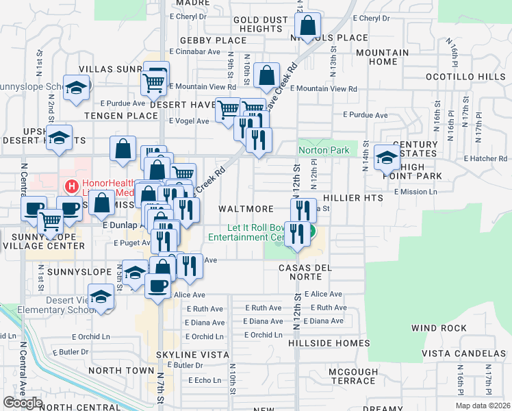 map of restaurants, bars, coffee shops, grocery stores, and more near 1107 East Eva Street in Phoenix