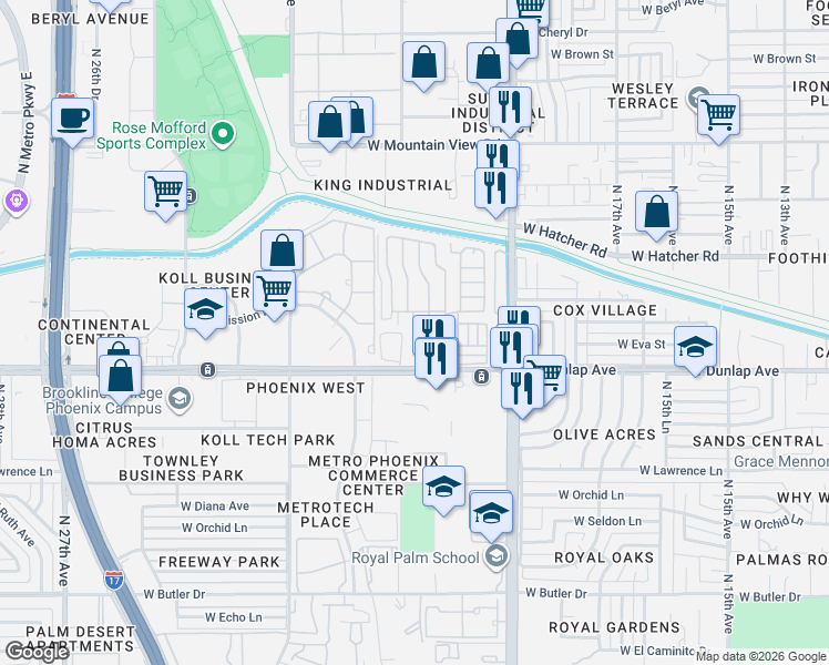 map of restaurants, bars, coffee shops, grocery stores, and more near 2102 West Dunlap Avenue in Phoenix