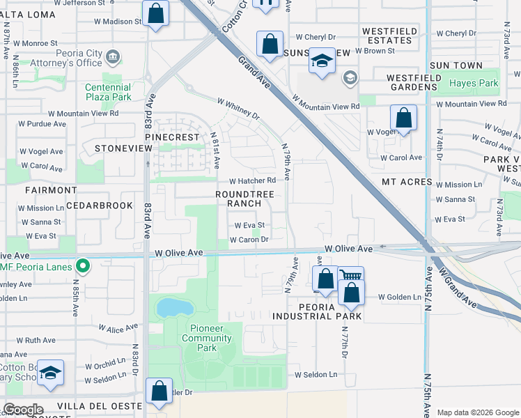 map of restaurants, bars, coffee shops, grocery stores, and more near 7951 West Sanna Street in Peoria