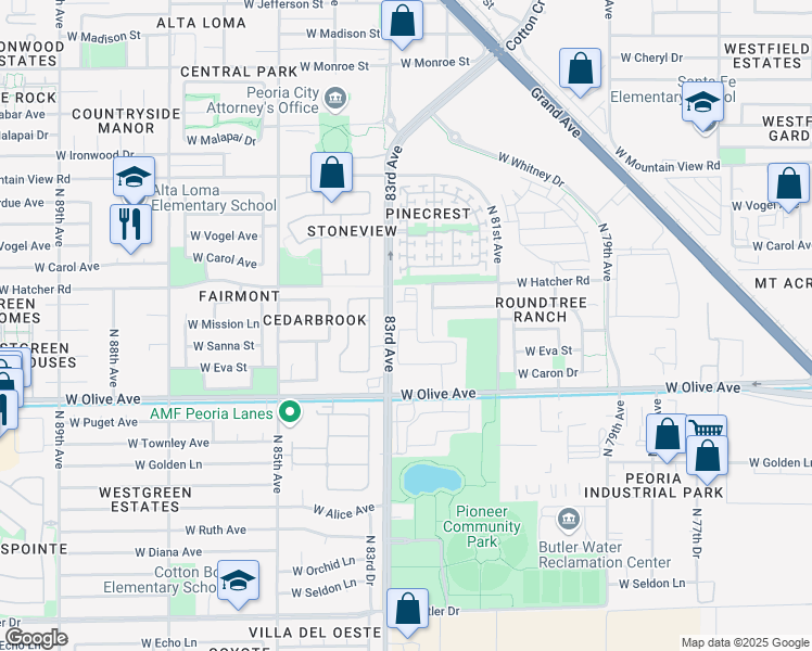map of restaurants, bars, coffee shops, grocery stores, and more near 9201 North 83rd Avenue in Peoria