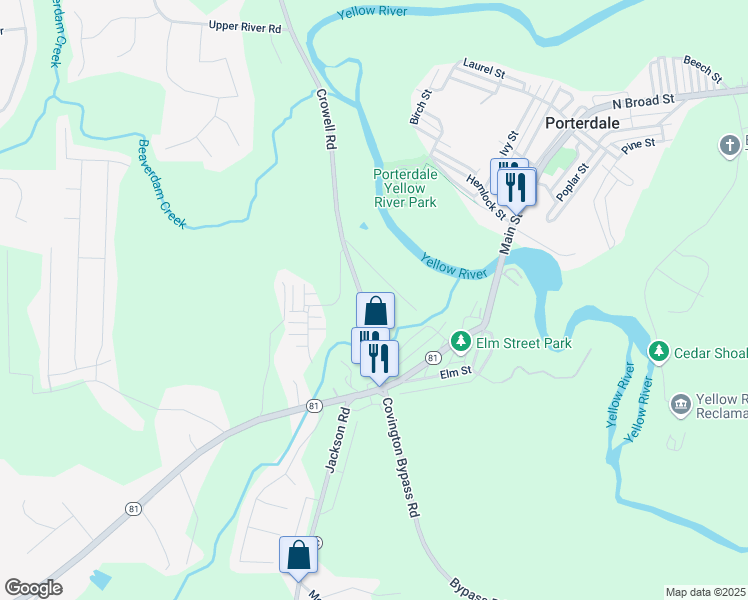 map of restaurants, bars, coffee shops, grocery stores, and more near 595 Crowell Road in Porterdale