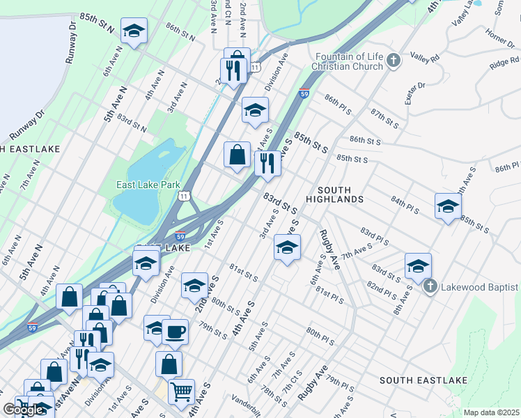 map of restaurants, bars, coffee shops, grocery stores, and more near 8213 2nd Avenue South in Birmingham